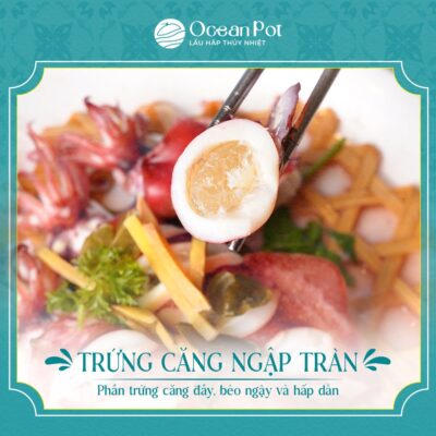 Mực Trứng & Hải Sản Hấp Phô Mai Tại Ocean Pot 3 Lớp trứng bên trong mềm mịn kết dính lại tạo thành một khối sữa bùi béo, dẻo quánh